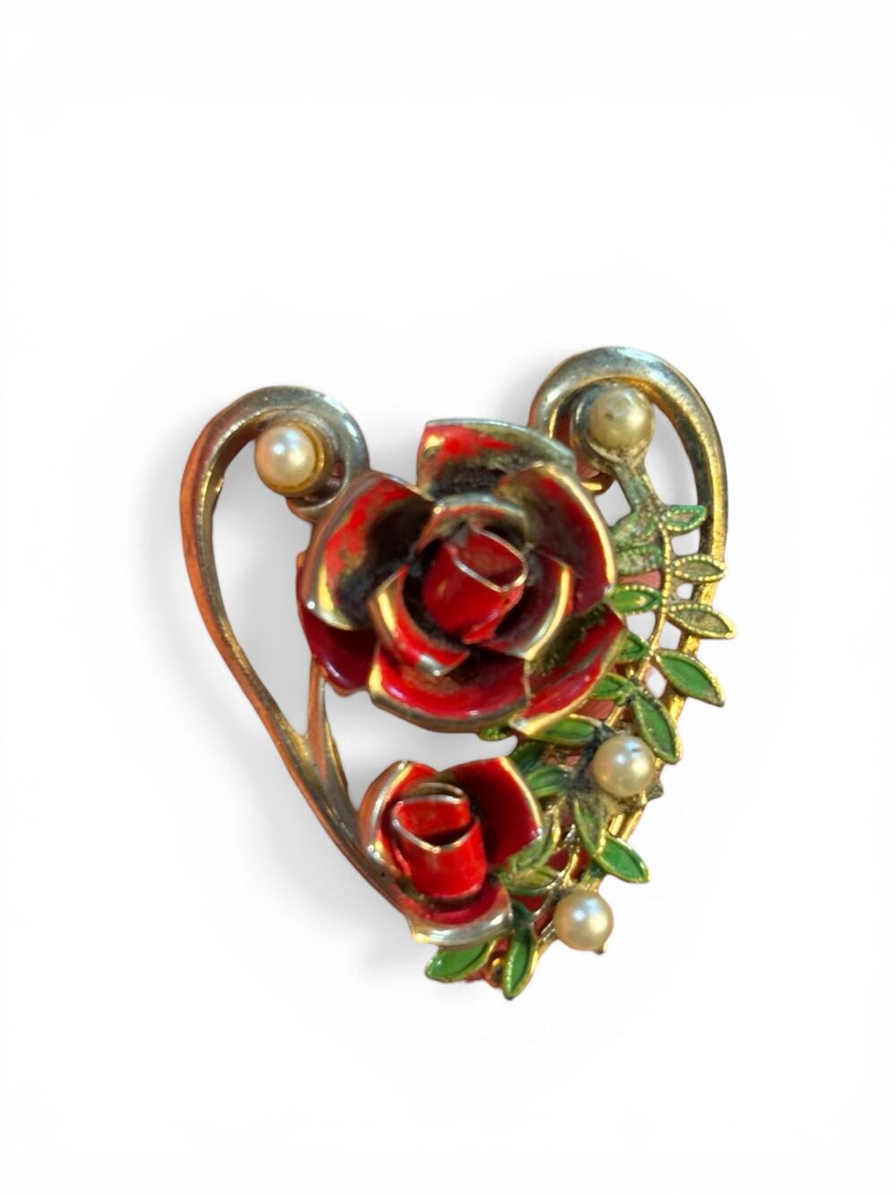 Vintage Red Rose Heart Brooch Enamel Floral Faux Pearl Romantic Cottagecore